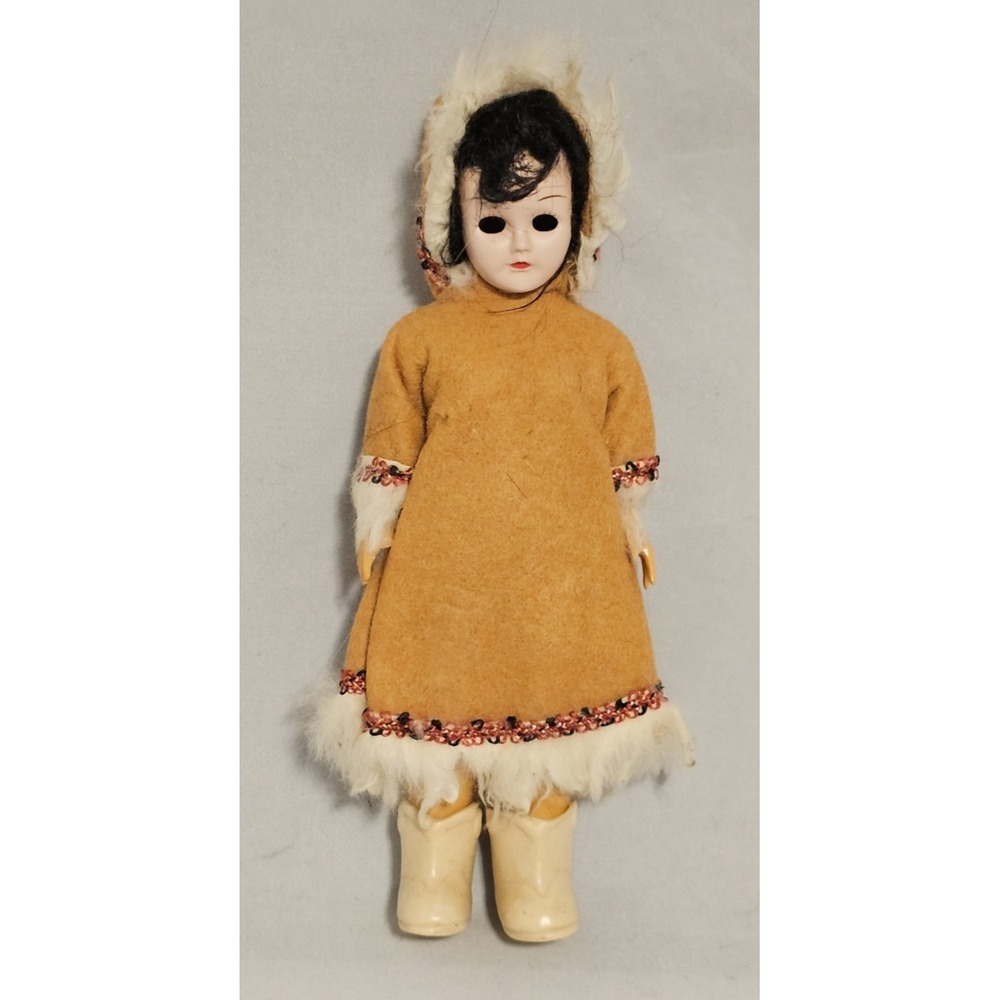 Vintage Native Alaskan Eskimo Girl Doll 8" Made of Hard Plastic - Eyes Missing